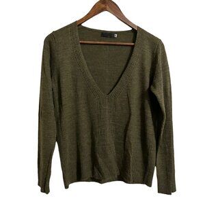 Lilla Ka Women's Army Green Vneck Ribbed Trim Perforated Sweater Small Petite